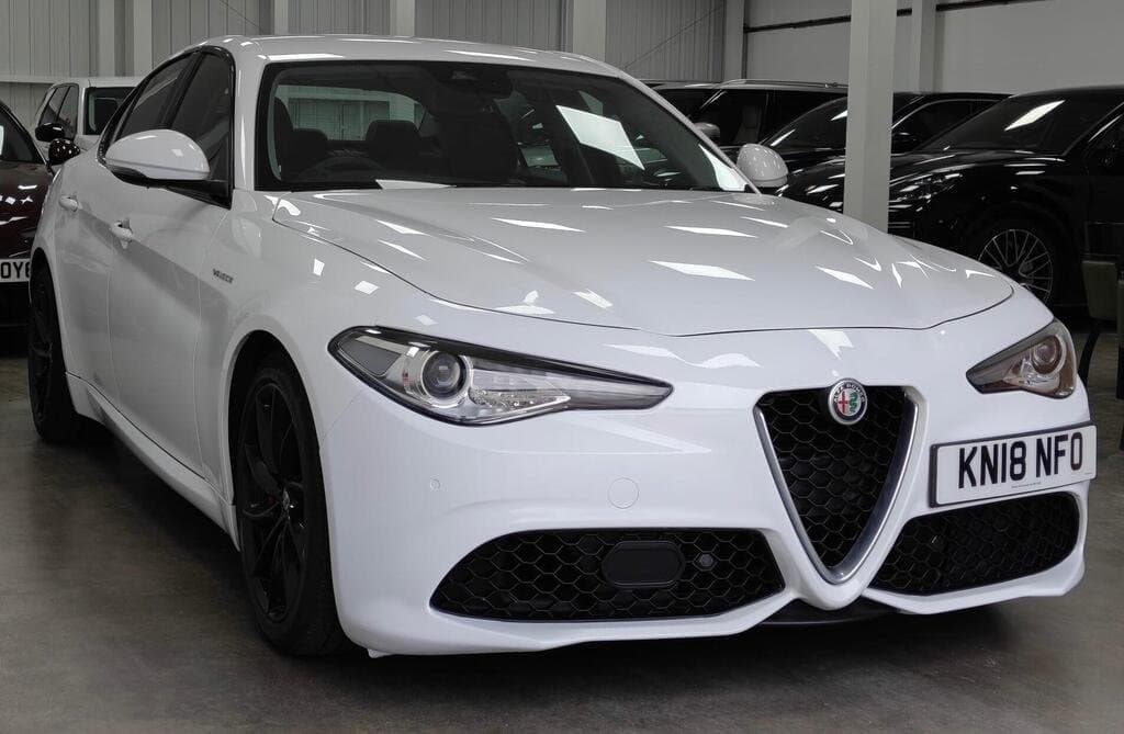 Alfa Romeo Giulia Veloce in White, three-quarter front view, further angle