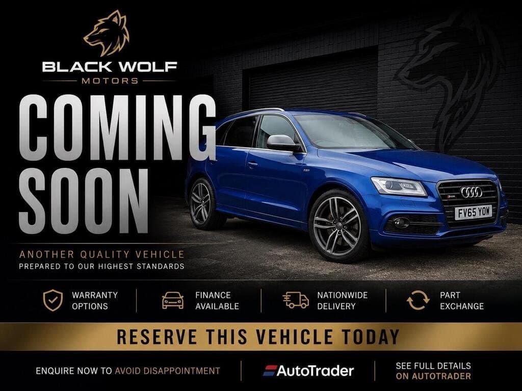 Audi SQ5 in Blue on a Black Wolf Motors "Coming Soon" promotional card, three-quarter front view