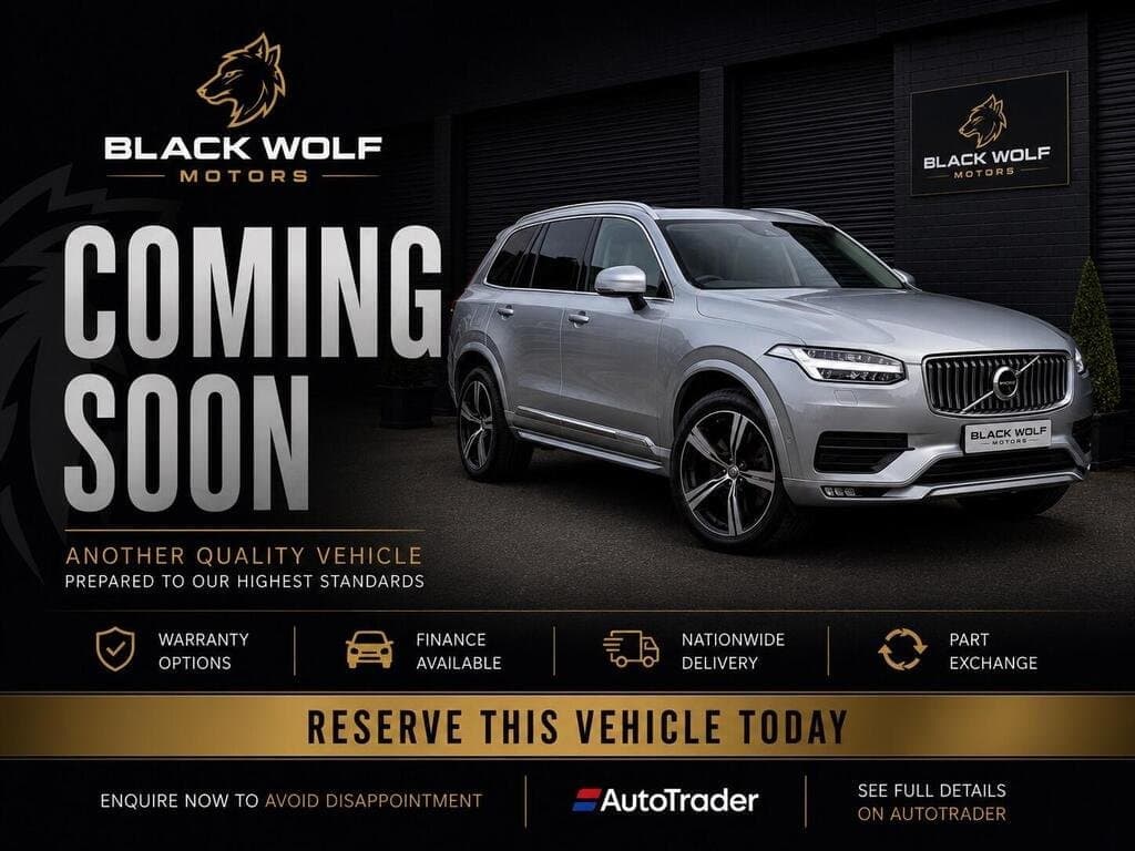Volvo XC90 D5 R-Design in Silver on a Black Wolf Motors "Coming Soon" promotional card, three-quarter front view