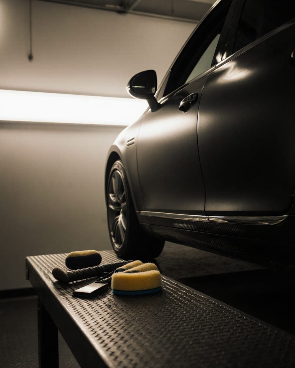A specialist inspecting a vehicle in the preparation workshop.